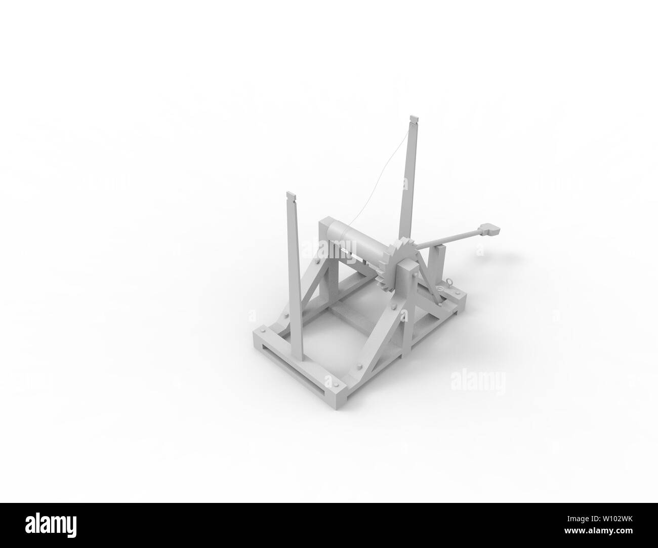 Le rendu 3D d'un programme Leonardo Da Vinci catapulte isolé en fond blanc. Banque D'Images