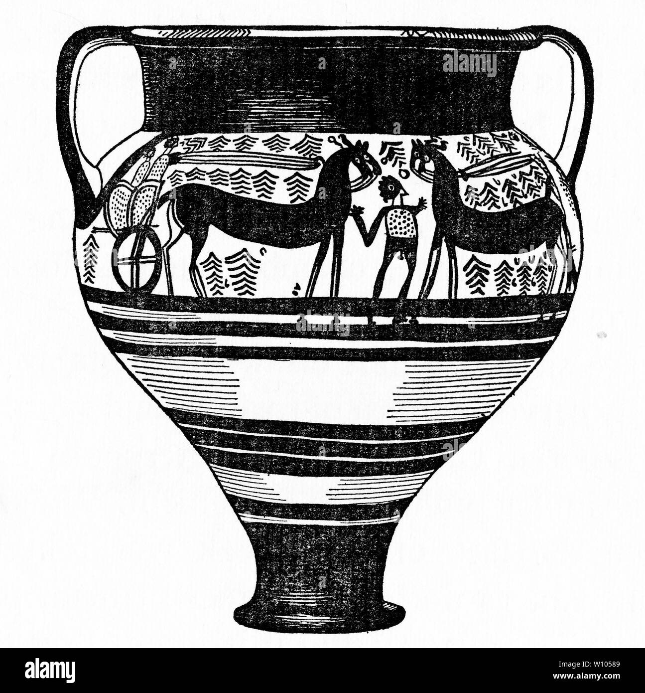Gravure d'un vase avec des chars et des chevaux, à partir de la civilisation mycénienne en Grèce du 15e au 13e siècle avant J.-C. Banque D'Images
