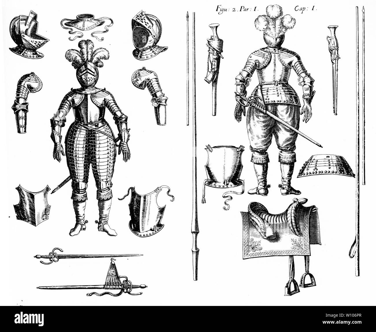Gravure de l'avant et l'arrière de trois-quart armor utilisé dans l'Europe du 16ème siècle. Banque D'Images
