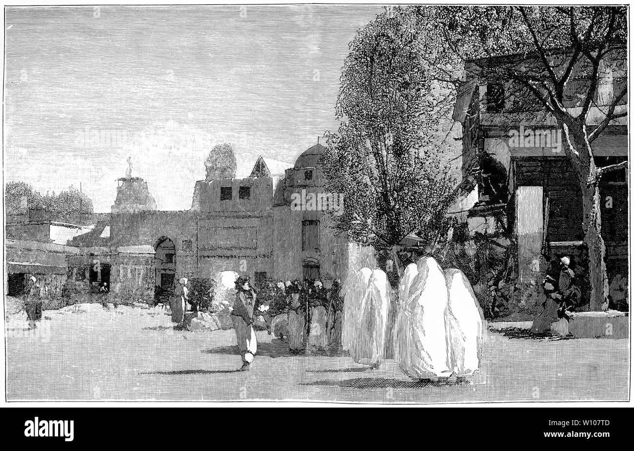 Gravure du marché à Damas au premier siècle. À partir de la vie et l'Oeuvre de saint Paul par Farrar, 1898. Banque D'Images
