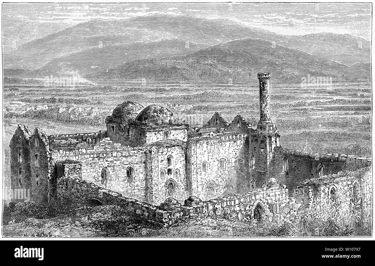 Gravure de la ville antique d'Ephèse, vu de Ayasaluk château à Selçuk. À partir de la vie et l'Oeuvre de saint Paul par Farrar, 1898. Banque D'Images