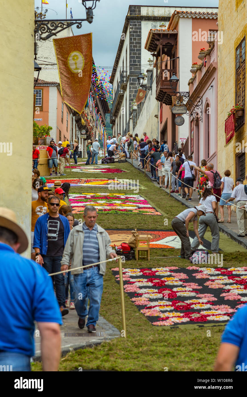 La Orotava, Tenerife, Espagne - 27 juin 2019. Beau tapis de fleurs à La Orotava au cours de Corpus Christi. Célèbre événement religieux et la concurrence de f Banque D'Images