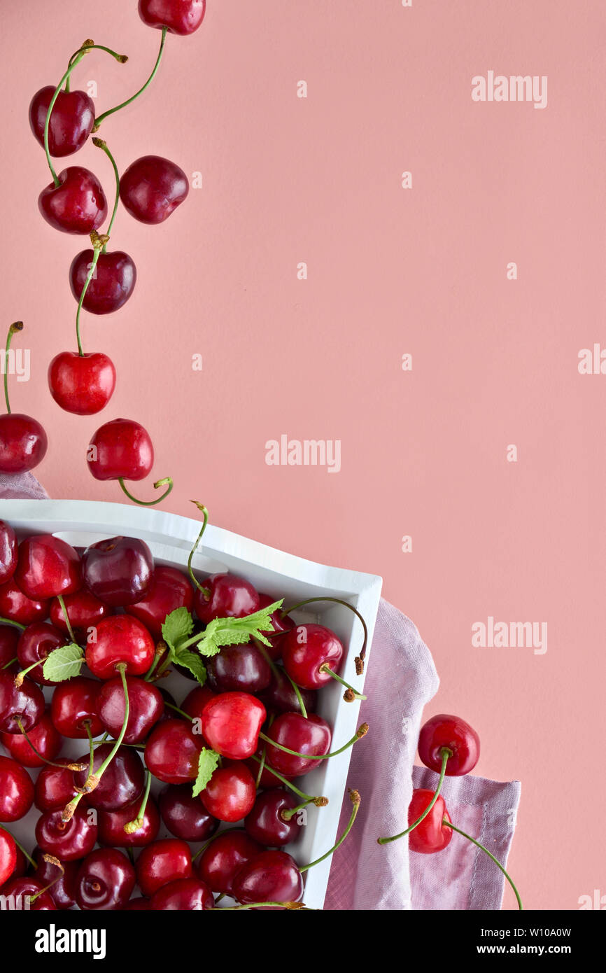 Bac blanc d'asty cherry, télévision jeter sur papier rose clair avec arrière-plan copie-space Banque D'Images