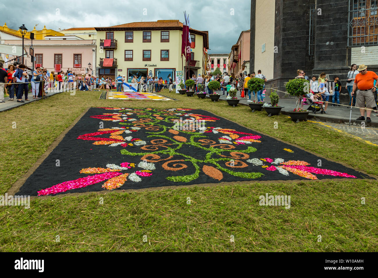 La Orotava, Tenerife, Espagne - 27 juin 2019. Beau tapis de fleurs à La Orotava au cours de Corpus Christi. Célèbre événement religieux et la concurrence de f Banque D'Images