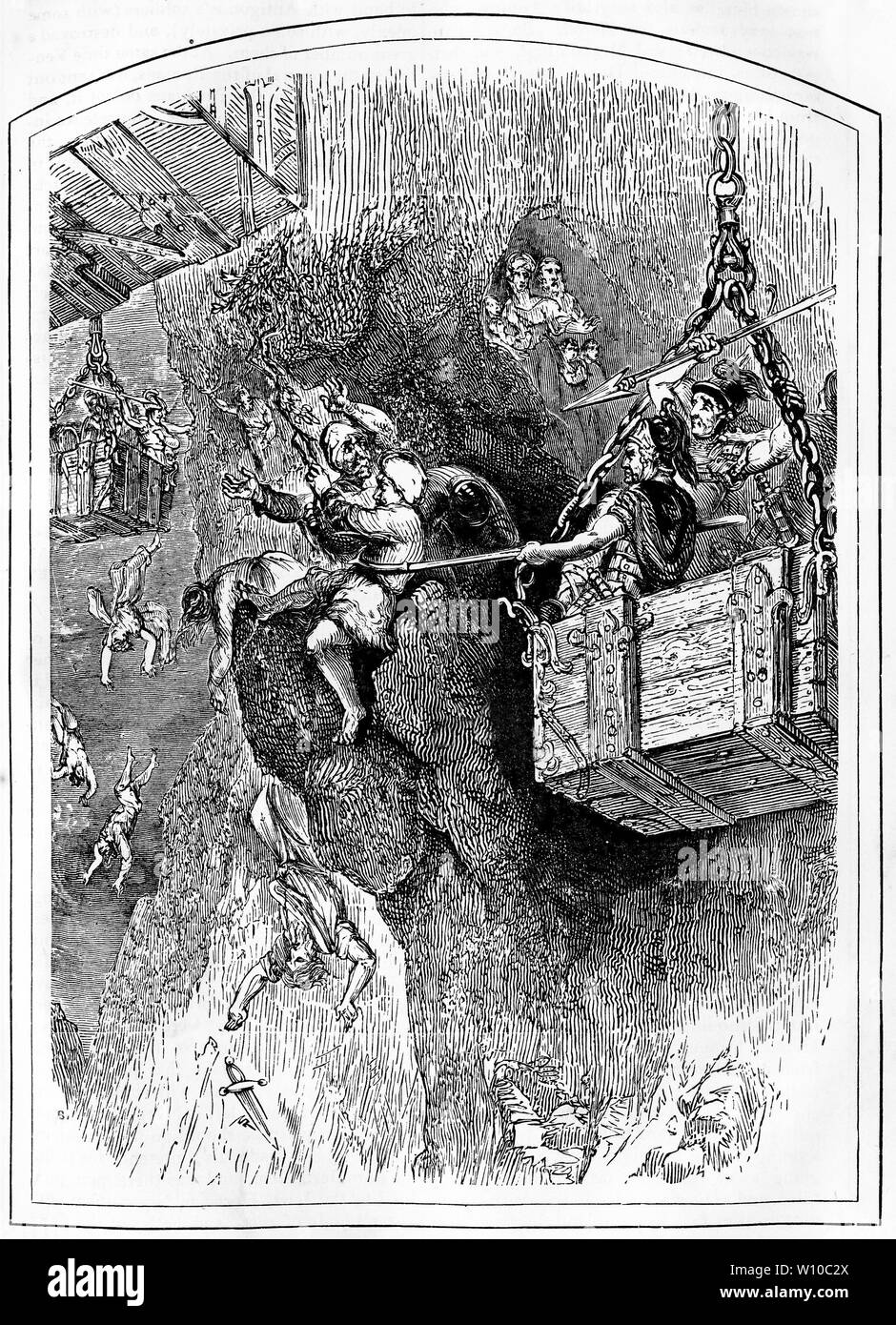 Gravure de soldats du roi Hérode en boîtes abaissée de falaise, d'utiliser des hameçons dans leurs cavernes de brigands faisant glisser. À partir d'une vieille édition de Josèphe. Banque D'Images