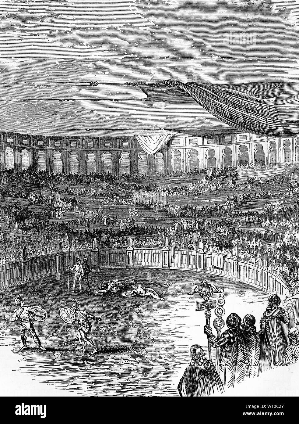 Gravure du roi Hérode célébrant le jeux de gladiateurs à Césarée. À partir d'une vieille édition de Josèphe. Banque D'Images