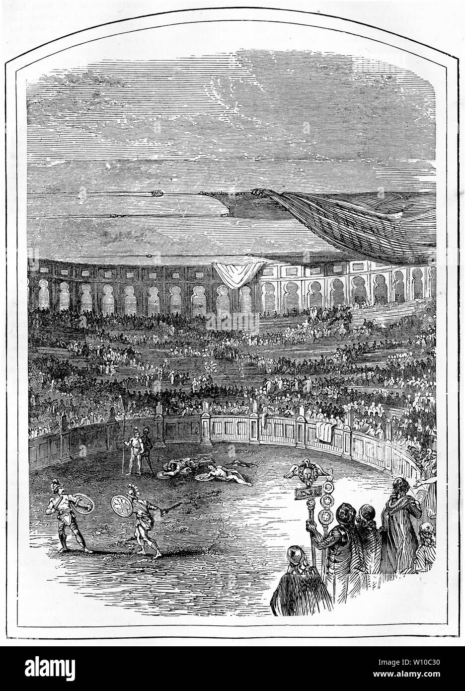 Gravure du roi Hérode célébrant le jeux de gladiateurs à Césarée. À partir d'une vieille édition de Josèphe. Banque D'Images