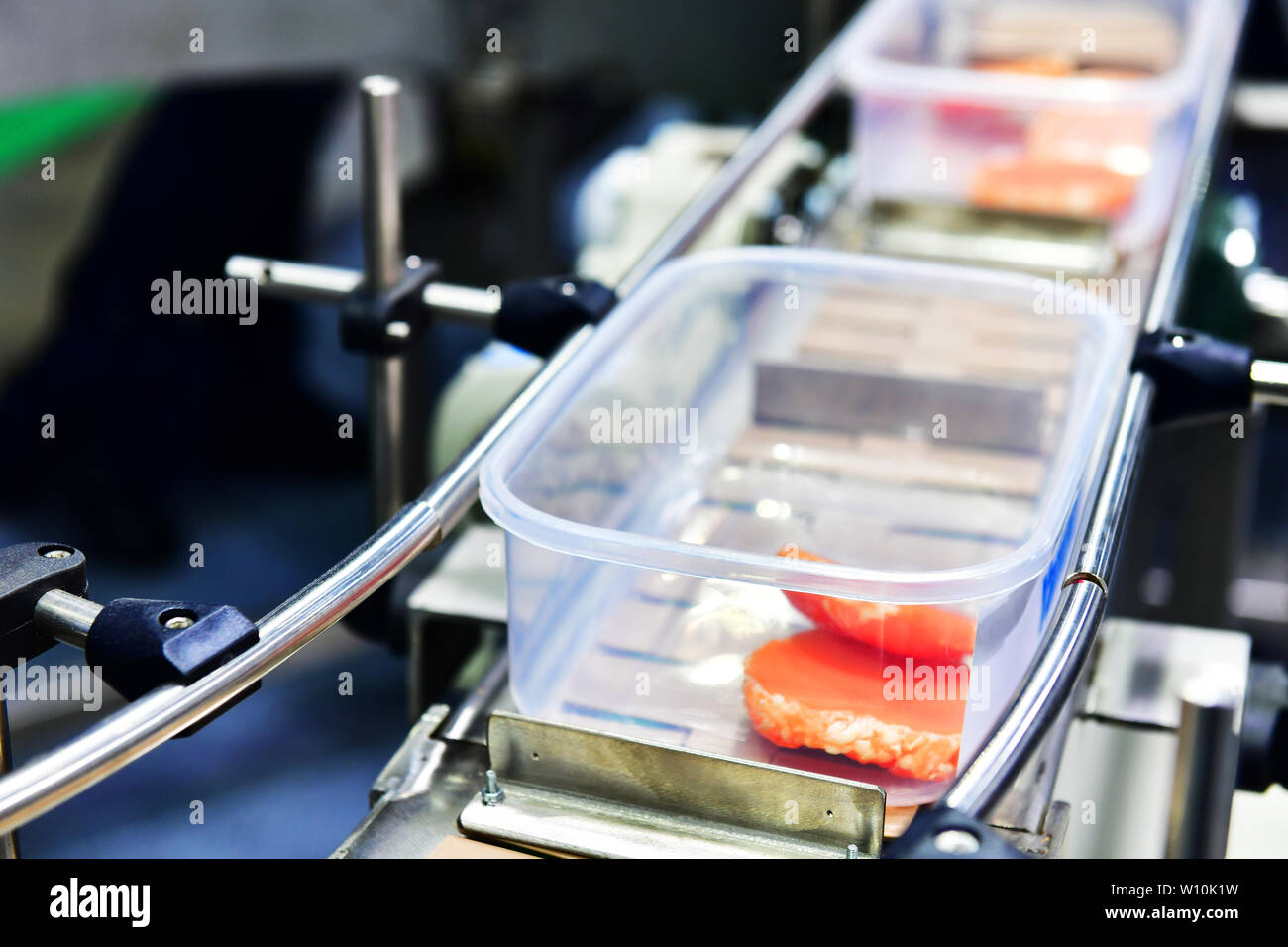 Pavé de boeuf cru frais dans des boîtes de transfert sur les systèmes de convoyage automatisés pour l'automatisation industrielle. Banque D'Images