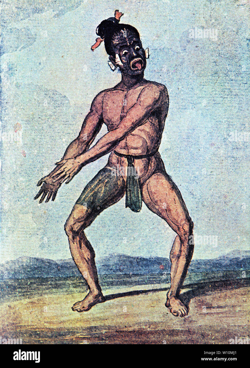 Aquarelle d'un guerrier Maori effectuant le haka en Nouvelle-Zélande par Auguste Comte, 1827 Banque D'Images