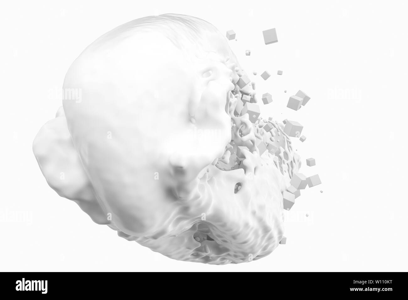 La pureté des éclaboussures de lait avec cubes volants, rendu 3d. L'image numérique de l'ordinateur. Banque D'Images