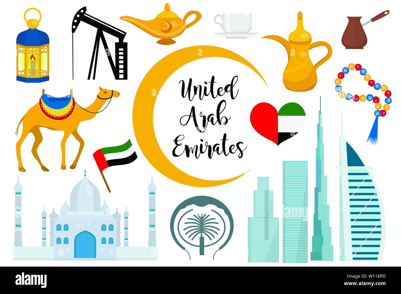 Émirats arabes unis Emirats Arabes Unis télévision icon set, cartoon style. Collection d'éléments de conception avec l'arabe, les bâtiments de l'hôtel voile, mosquée, drapeau, de l'huile. Vector illu Illustration de Vecteur