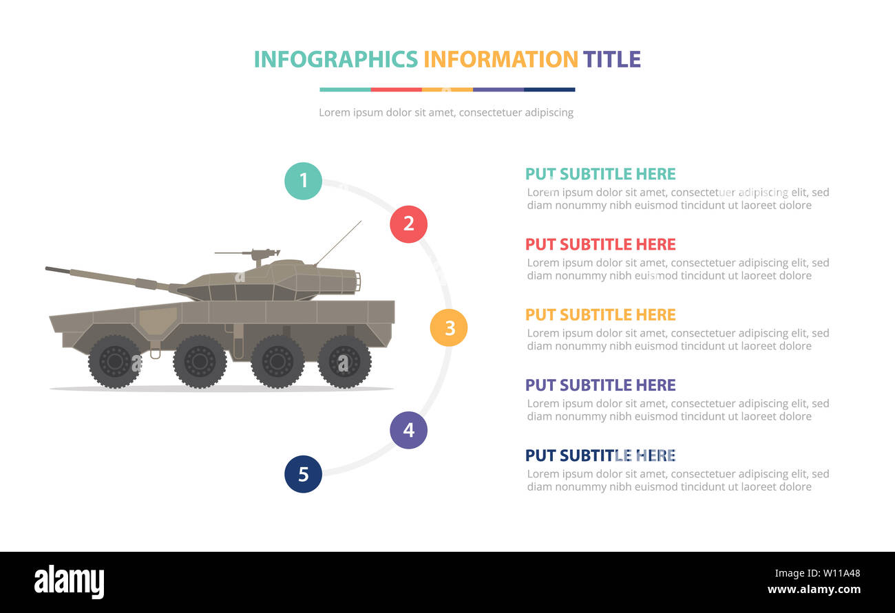 Char moyen modèle lumière infographie concept avec cinq points liste et différentes couleurs, lignes modernes fond blanc - vector illustration Banque D'Images Char moyen modèle lumière infographie concept avec cinq points liste et différentes couleurs, lignes modernes fond blanc - vector illustration Banque D'Images
