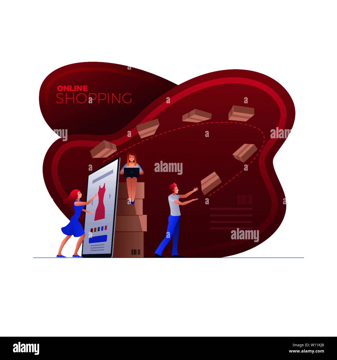 Magasinage en ligne sur smart phone, tablette numérique ou ordinateur portable. E-commerce concept vector illustration. Magasinage rapide et une livraison rapide. Illustration de Vecteur