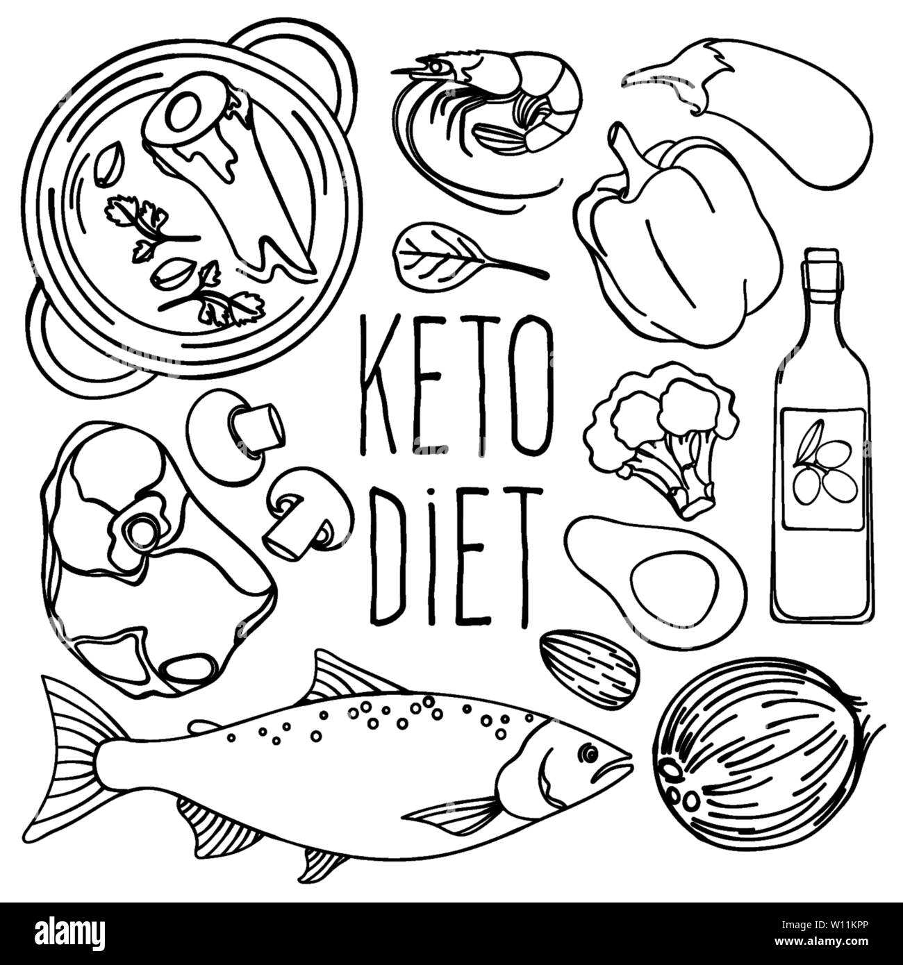 KETO Alimentation saine MONOCHROME bas régime de Carb Nutrition appropriée Vector Illustration Set pour tissu d'impression et de décoration Illustration de Vecteur