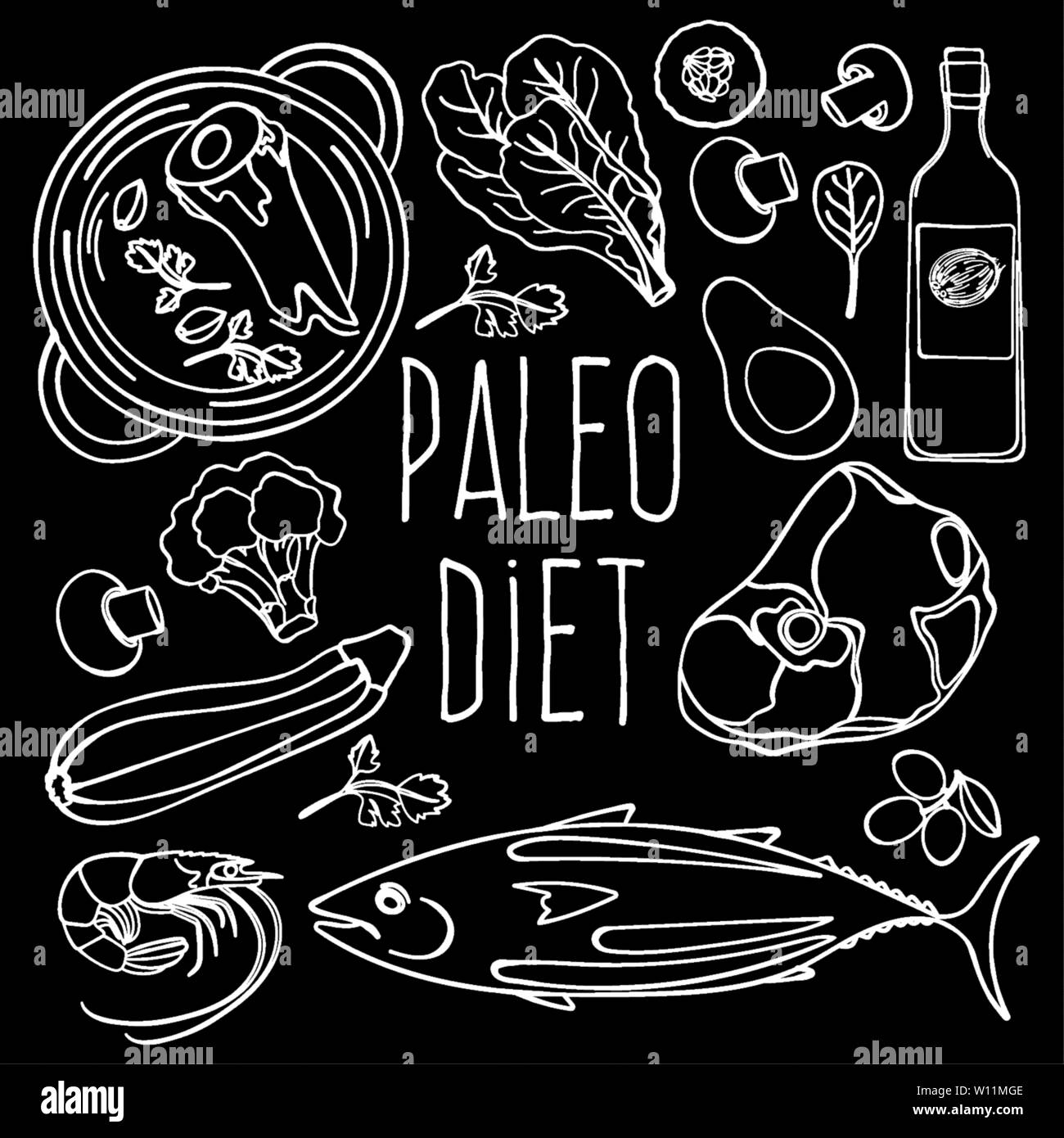 Aliments sains NOIR PALÉO bas régime de Carb Nutrition appropriée Vector Illustration Set pour tissu d'impression et de décoration Illustration de Vecteur