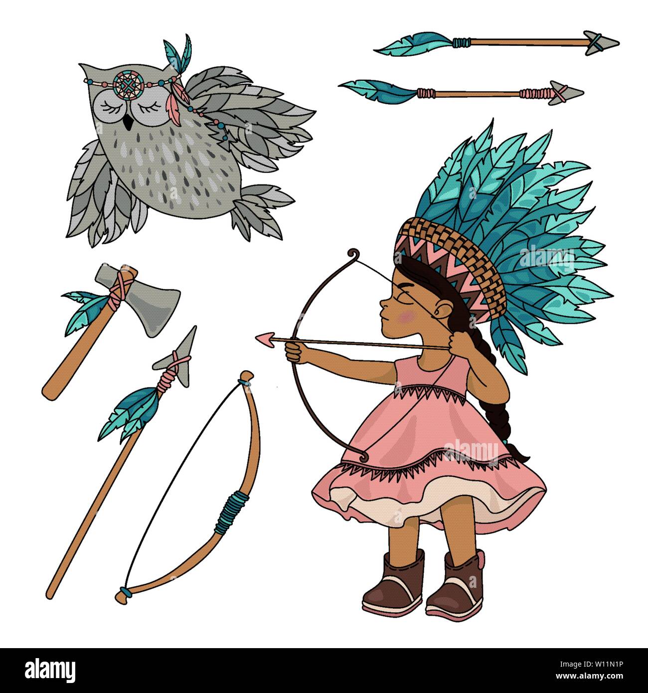 OWL POCAHONTAS à pelure rouge Native American Indian Princess Illustration vectorielle définie pour tissu d'impression et de décoration Illustration de Vecteur