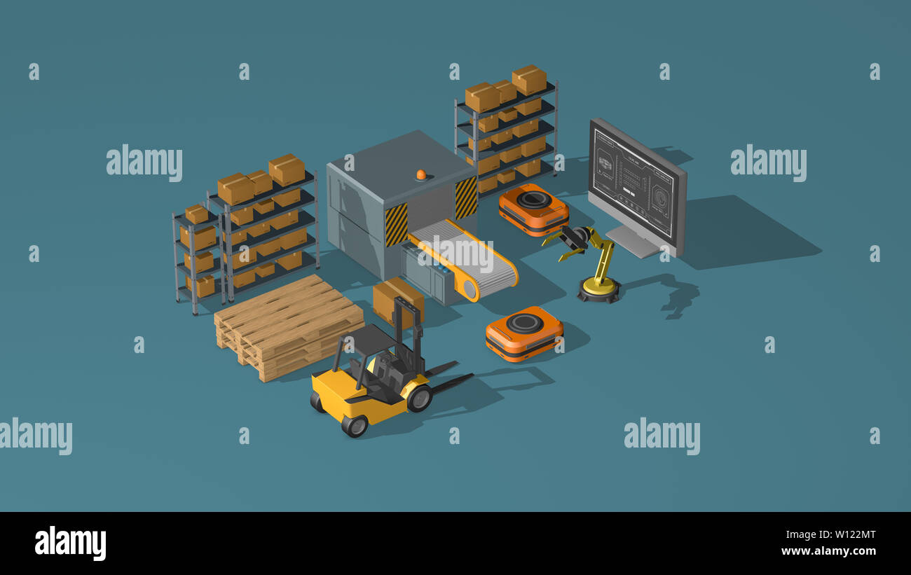 La chaîne d'approvisionnement, la logistique, l'automatisation, de l'industrie 4.0. concept animation, vue isométrique (rendu 3d) Banque D'Images