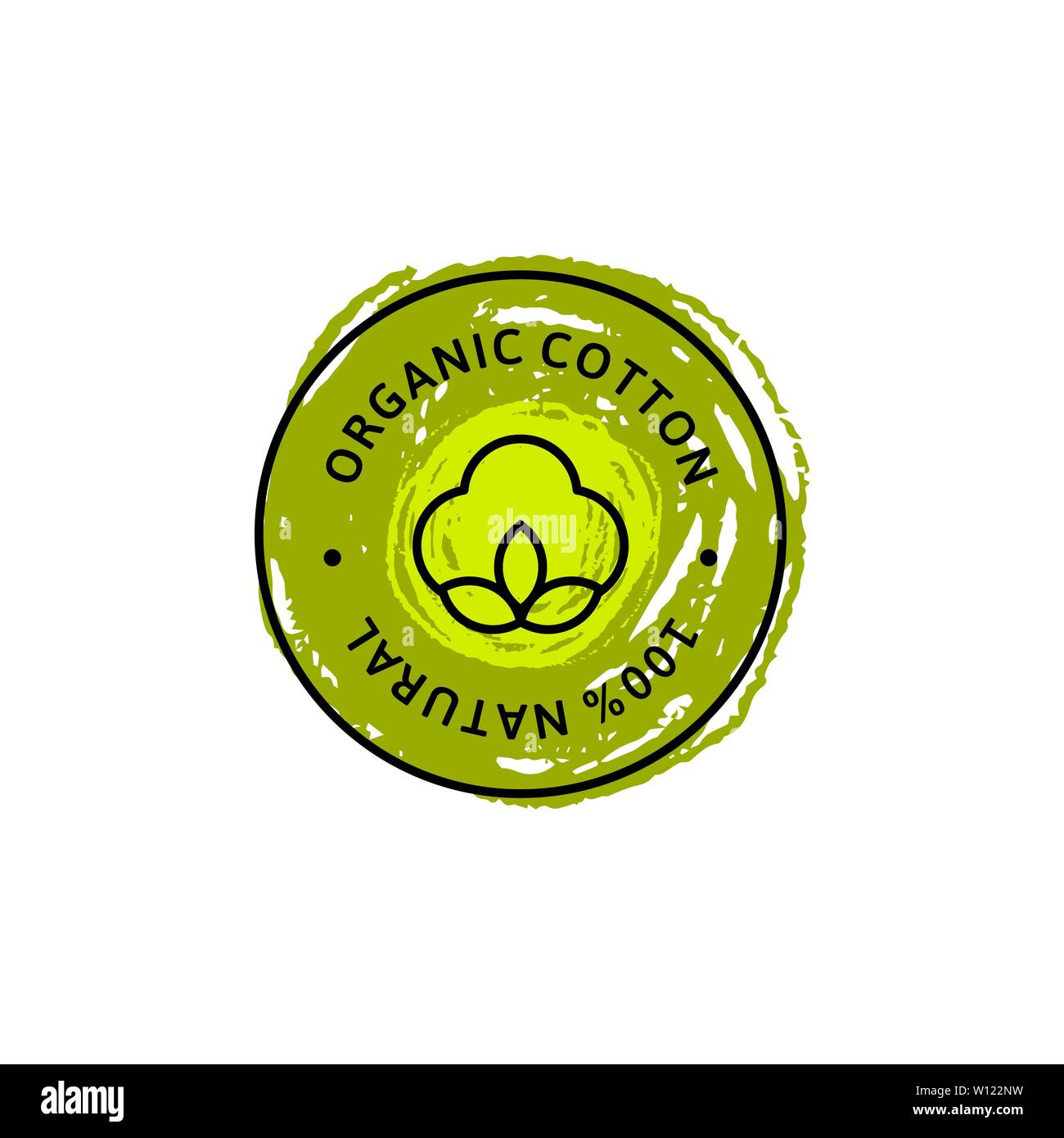 Chemise de coton biologique naturel des étiquettes et d'écussons et d'attirer la main texture crayon - Vector icône ronde ,autocollant, Logo, Tampon, fleur de coton naturel Tag - Clo Illustration de Vecteur