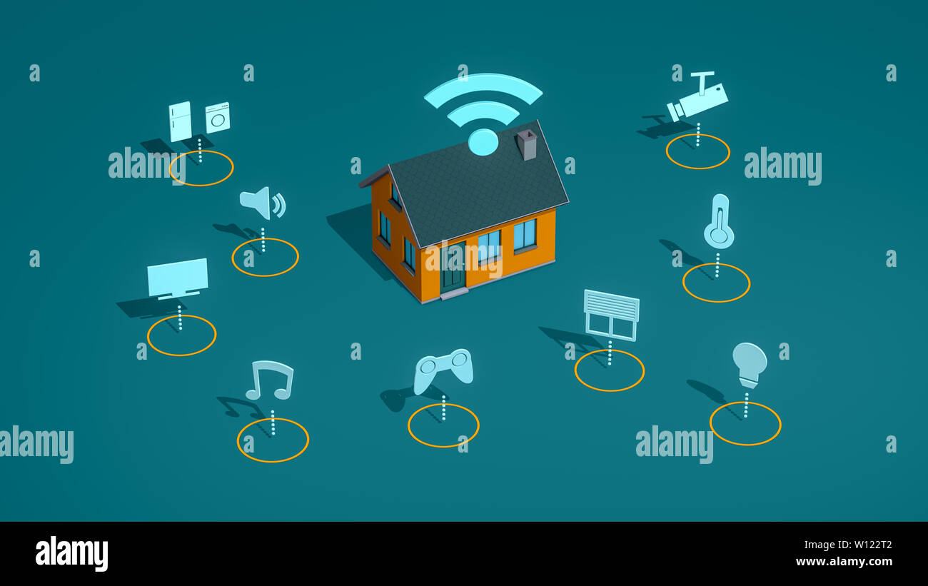 Smart home concept animation, avec télécommande, connexion Wi-Fi au réseau local, vue isométrique (rendu 3d) Banque D'Images