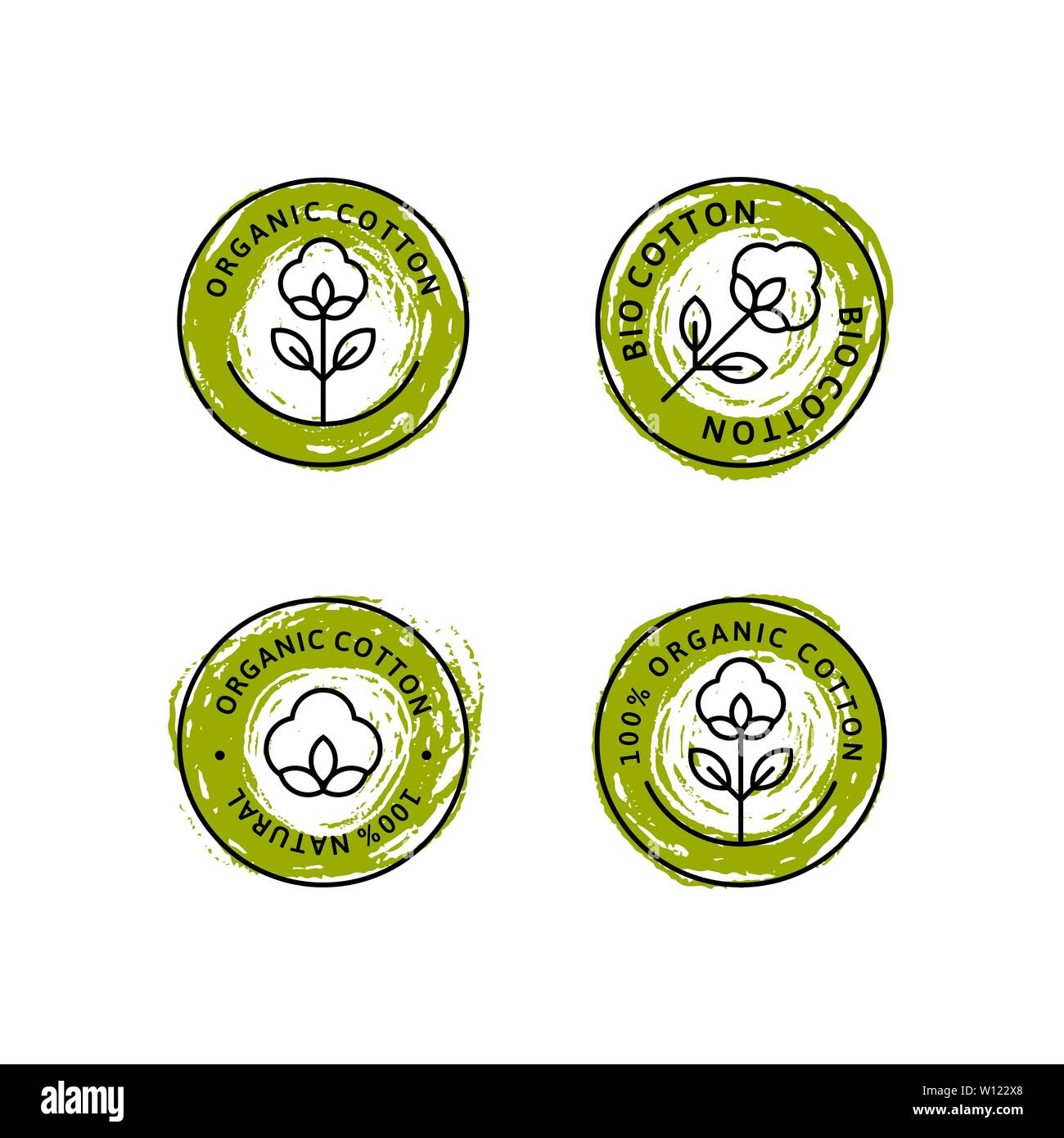 Ensemble d'étiquettes de chemise de coton biologique naturel et insignes - Vecteur icône verte ronde, autocollant, Logo, Tampon, fleur de coton Tag isolé sur fond blanc - tissu naturel plantes Textiles Organiques Timbres Logo Illustration de Vecteur