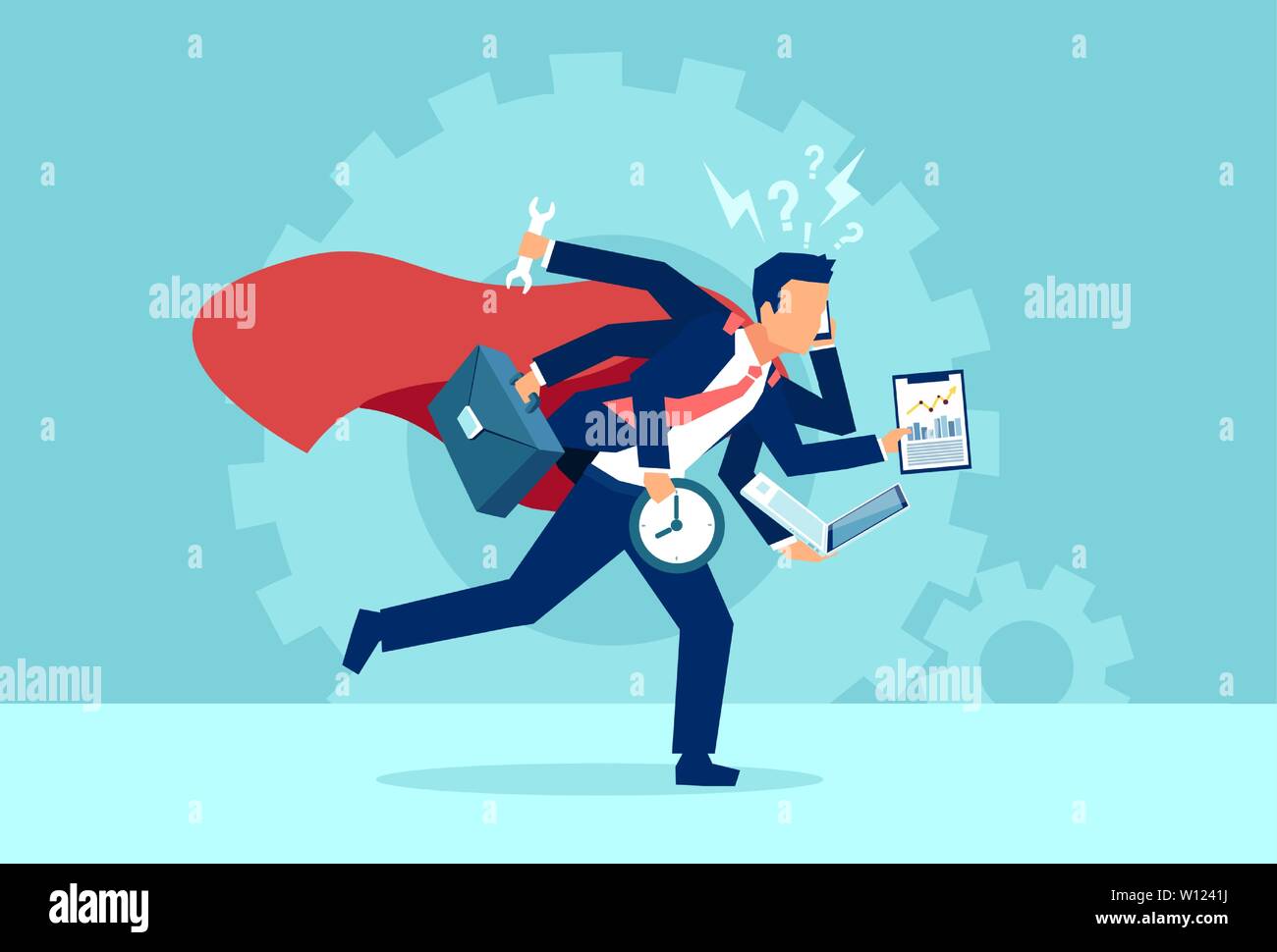 Vecteur d'un business man super héros s'exécutant dans une hâte le multitâche. Concept de vie du personnel de l'entreprise très occupée Illustration de Vecteur Vecteur d'un business man super héros s'exécutant dans une hâte le multitâche. Concept de vie du personnel de l'entreprise très occupée Illustration de Vecteur