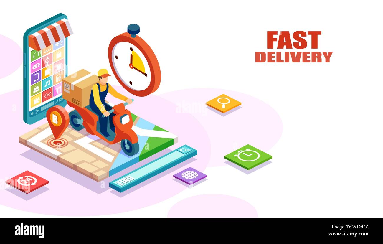 Vecteur de isométrique livraison rapide et gratuite par l'homme de la trottinette d'un ordre donné en ligne. E-commerce concept Illustration de Vecteur