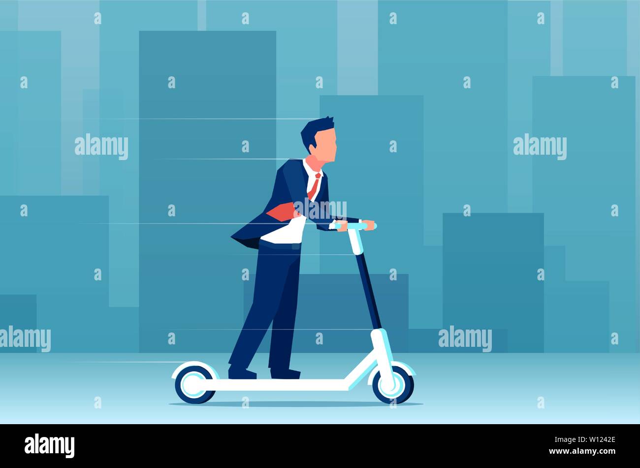 Vecteur d'un jeune homme d'équitation un scooter électrique sur un paysage urbain moderne. L'écologie et du concept de transport vert. Illustration de Vecteur