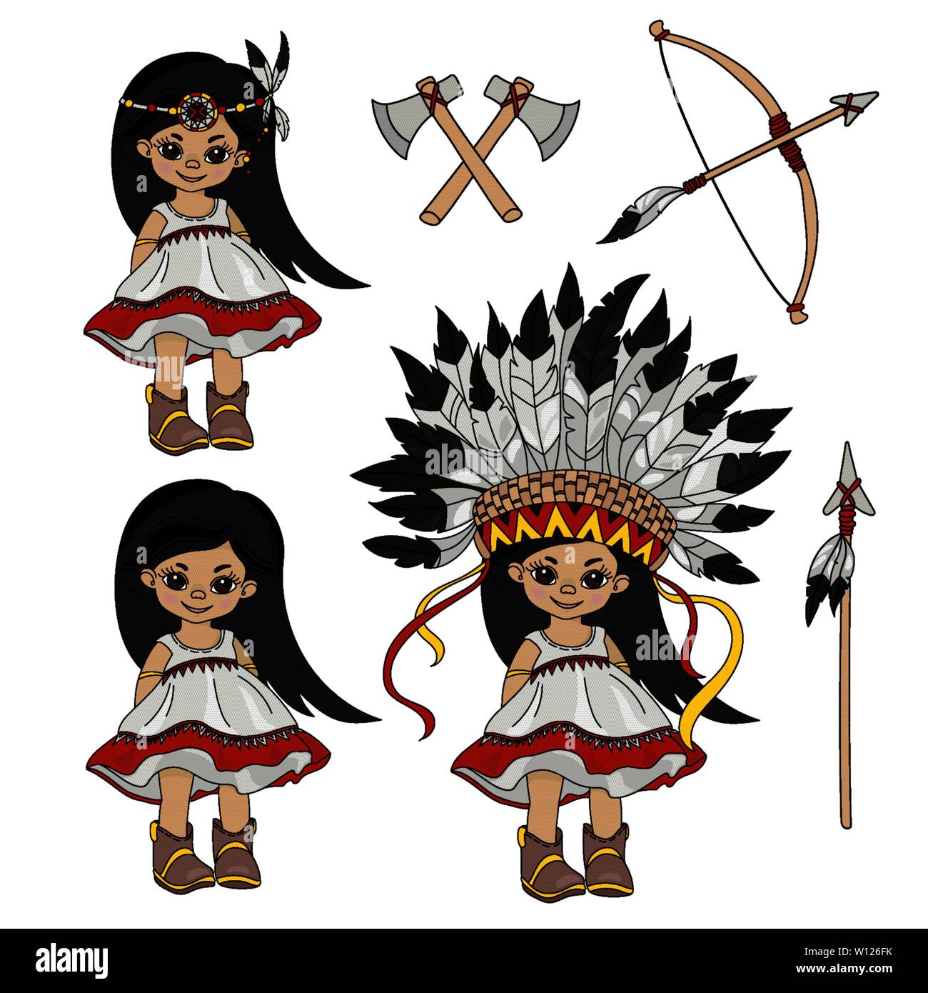 Maison de Pocahontas princesse indienne Native American Illustration vectorielle définie pour tissu d'impression et de décoration Illustration de Vecteur