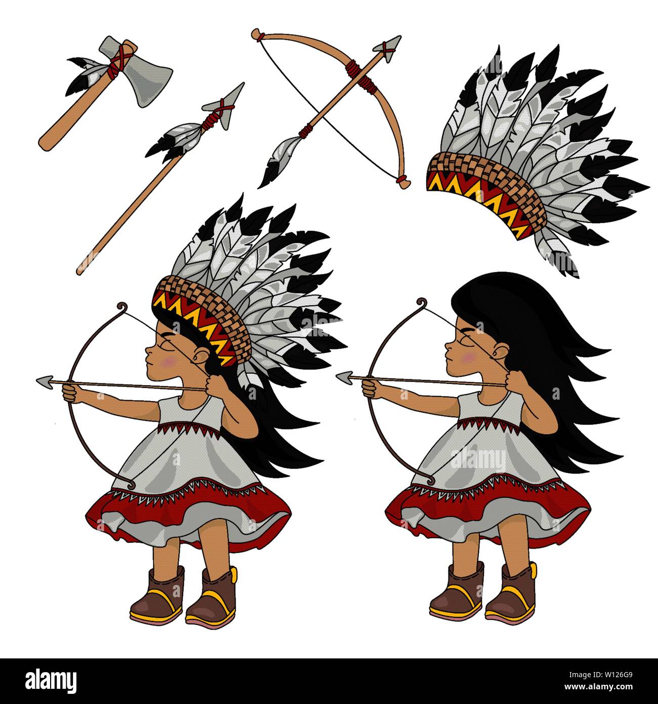 Chasseur indien Native American Indian Princess Pocahontas Vector Illustration Set pour tissu d'impression et de décoration Illustration de Vecteur