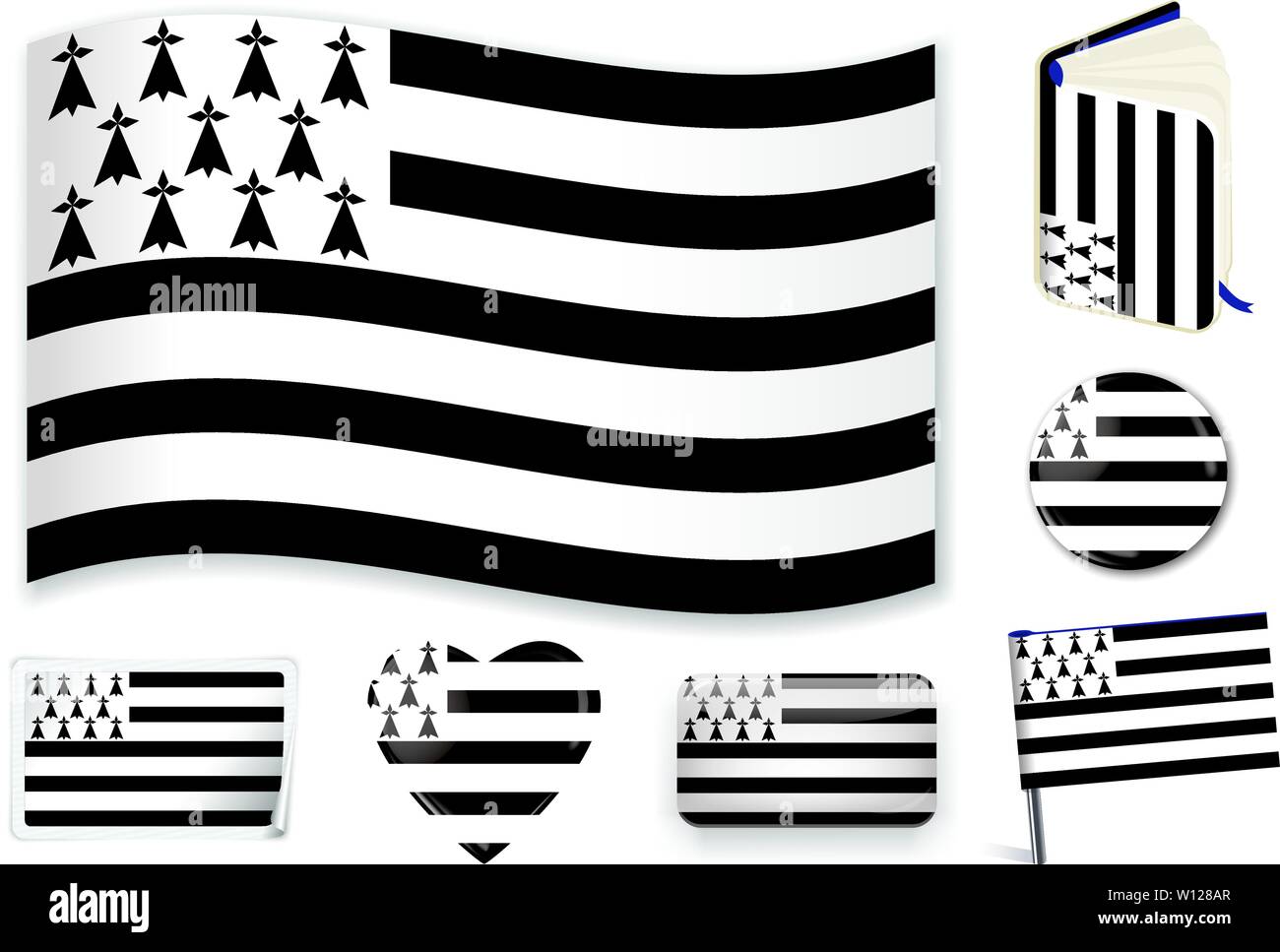 Bretagne drapeau en vague, livre, cercle, broche, bouton Coeur et formes autocollant Illustration de Vecteur