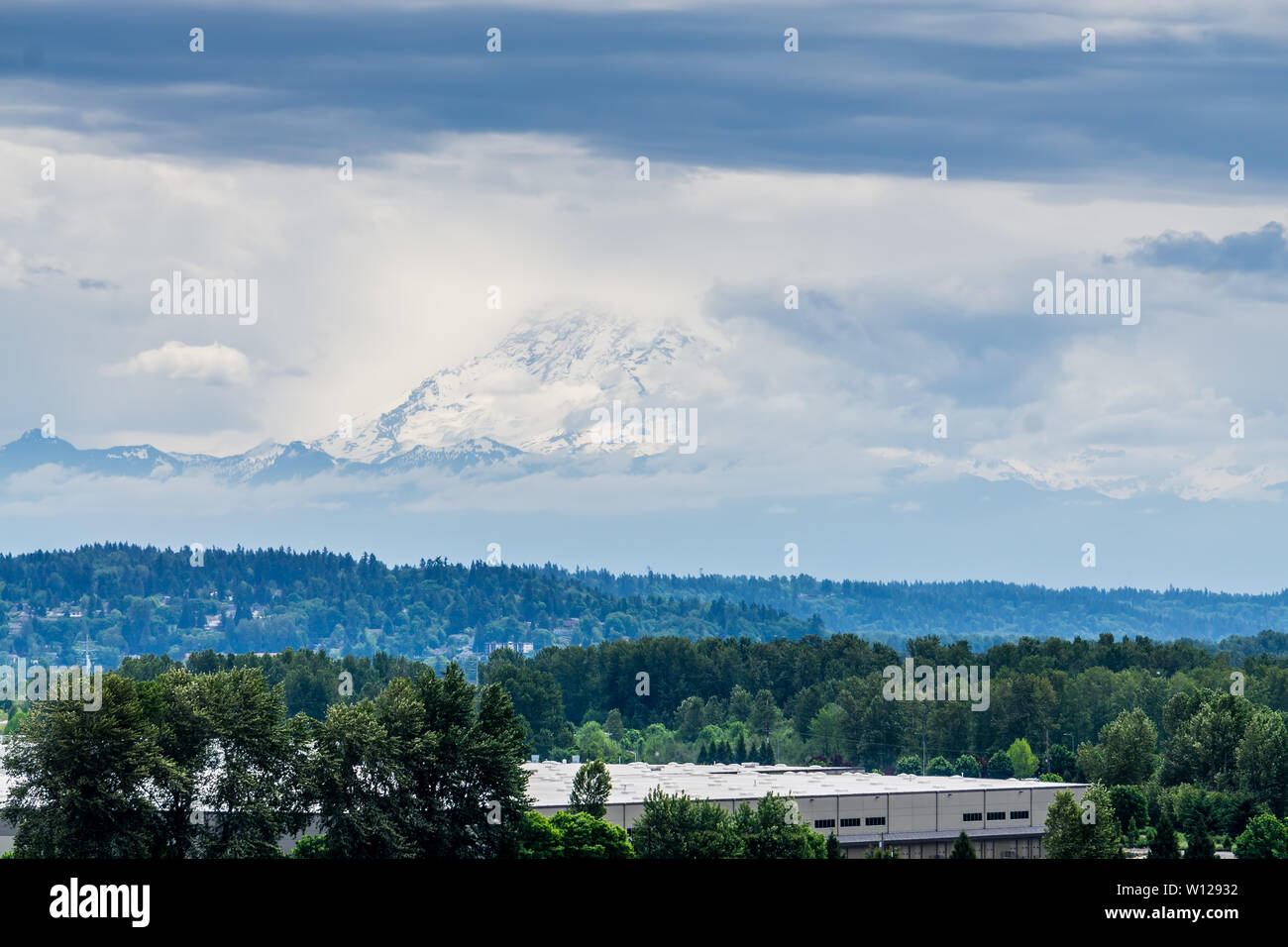 Le mont Rainier est entouré par des nuages d'arbres ci-dessous. Banque D'Images