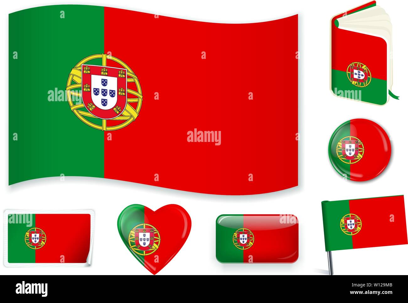 Le Portugal. Drapeau national portugais dans wave, livre, cercle, broche, bouton Coeur et formes autocollant Illustration de Vecteur