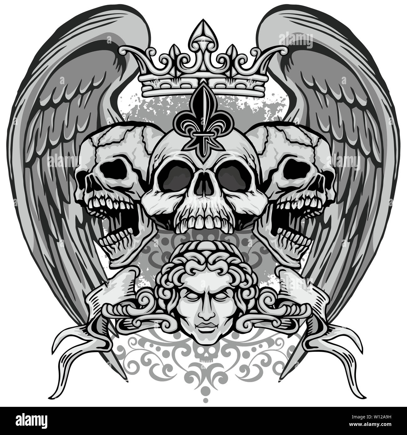 Inscrivez-gothique avec tête de mort, grunge vintage design t shirts Banque D'Images