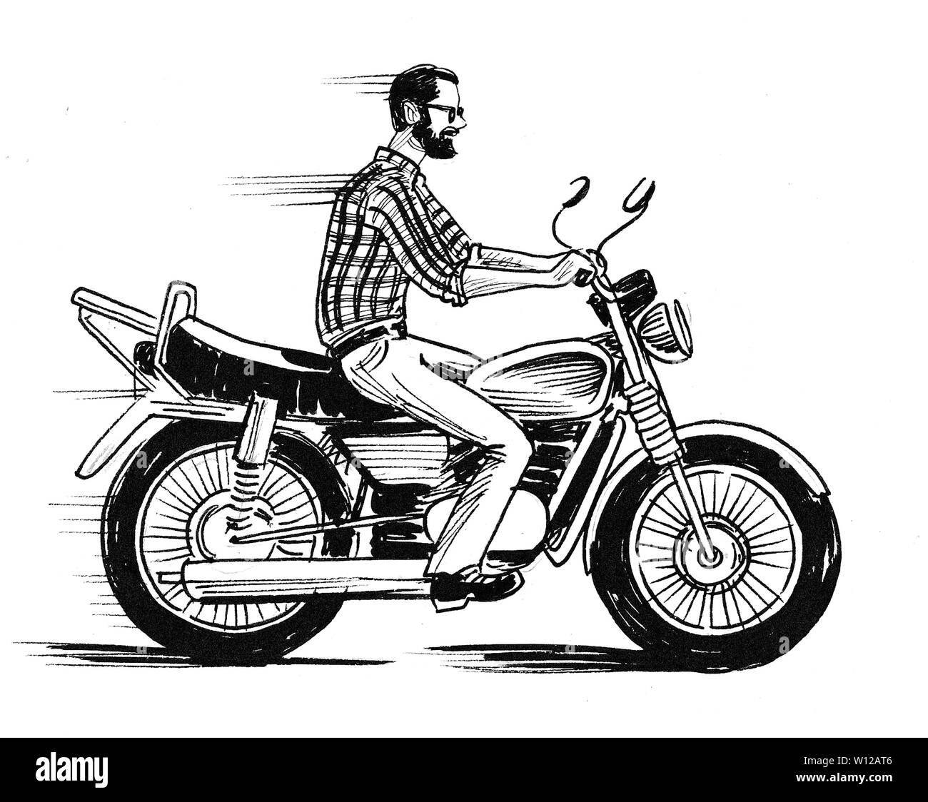 Jeune Homme Barbu Equitation Une Moto Dessin Noir Et Blanc Encre Photo Stock Alamy