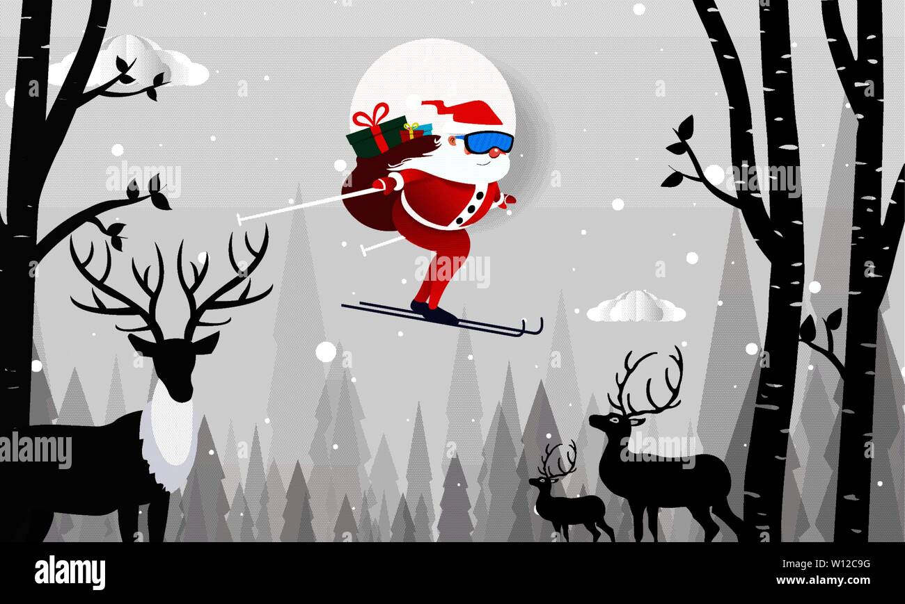 Joyeux Noël design card avec le Père Noël volant au-dessus de collines de neige fond. Illustration de Vecteur