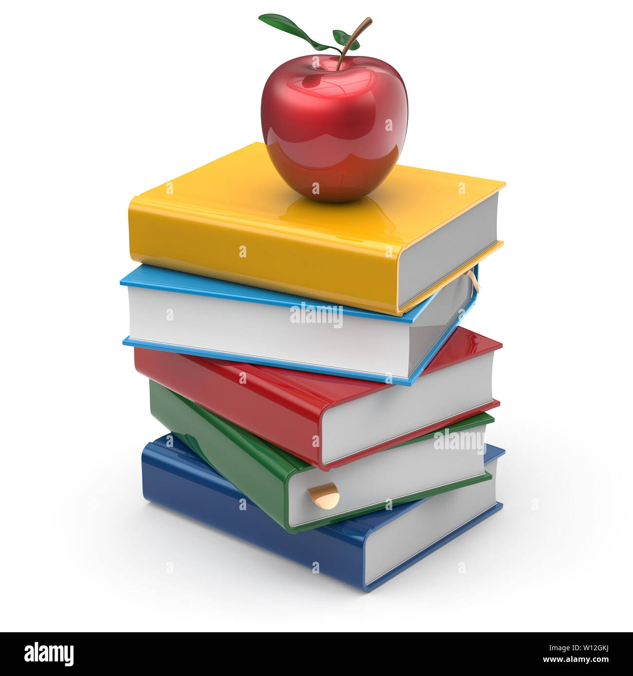 Apple coloré rouge Livres de l'éducation manuels d'apprentissage de la lecture l'étude de la sagesse de la connaissance de l'école college icône idée concept. 3D render isolated on white Banque D'Images