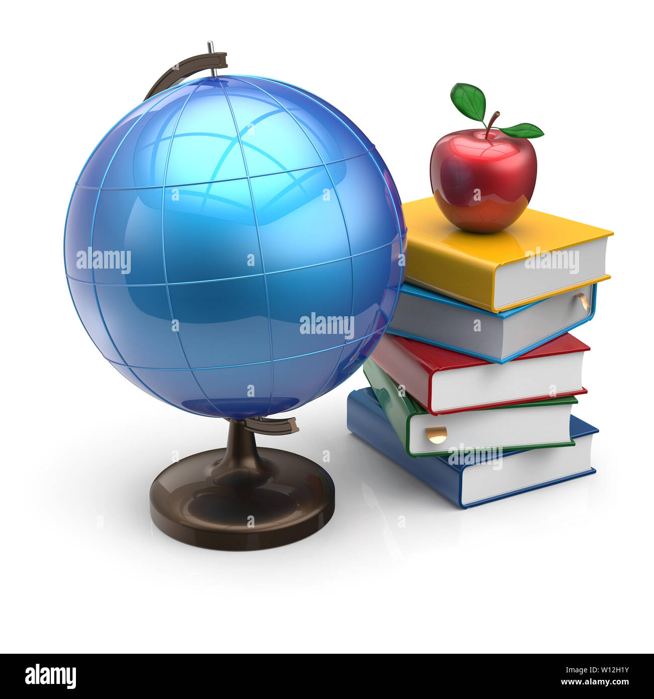 Globe apple livres blank géographie mondiale sagesse littérature internationale l'étude de l'icône Symbole connaissances concept. 3D render isolé sur blanc backgroun Banque D'Images
