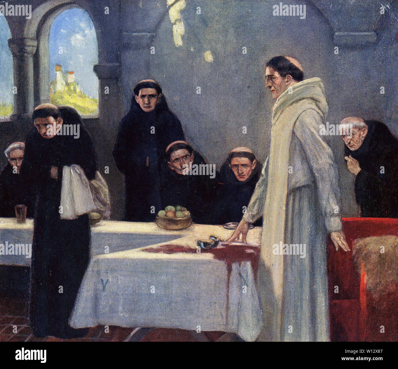 Benoît de Nursie (480 - 547), un saint vénéré dans l'Église catholique romaine, Église orthodoxe orientale, Eglises orientales orthodoxes, la Communion anglicane et les églises catholiques. Il s'agit d'un saint patron de l'Europe. De Casque et tableau de bord, 1913. Banque D'Images