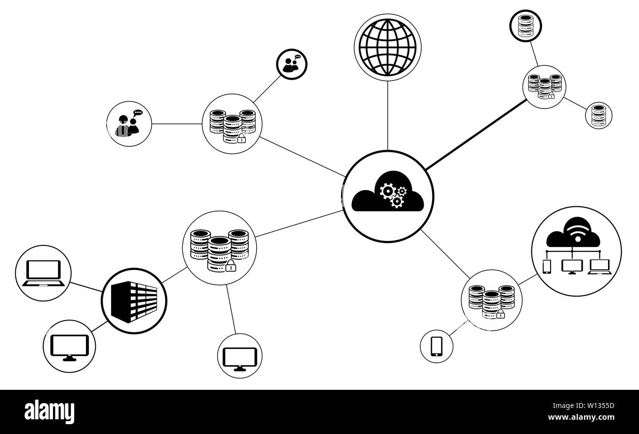 Schéma de principe de l'analyse des big data et diverses icônes de big data Banque D'Images