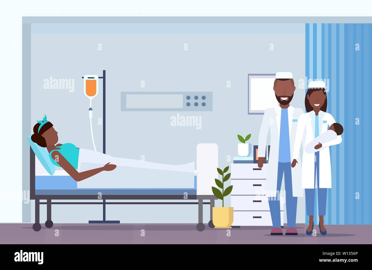 Médecin avec nurse holding newborn baby près de african american mother Lying in Bed avec compte-gouttes l'accouchement maternité moderne concept depa postnatal Illustration de Vecteur