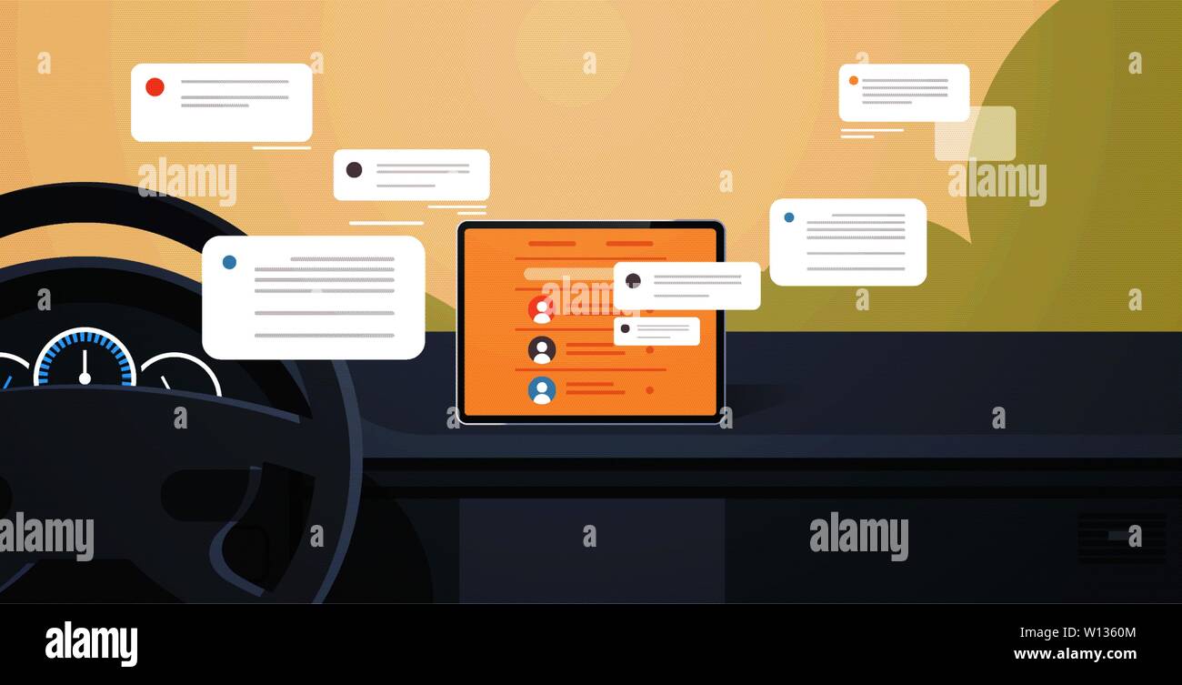Cockpit avec véhicule d'assistance à la conduite intelligente de communication réseau social messagerie chat chat concept app sur l'écran carte informatique automobile Illustration de Vecteur