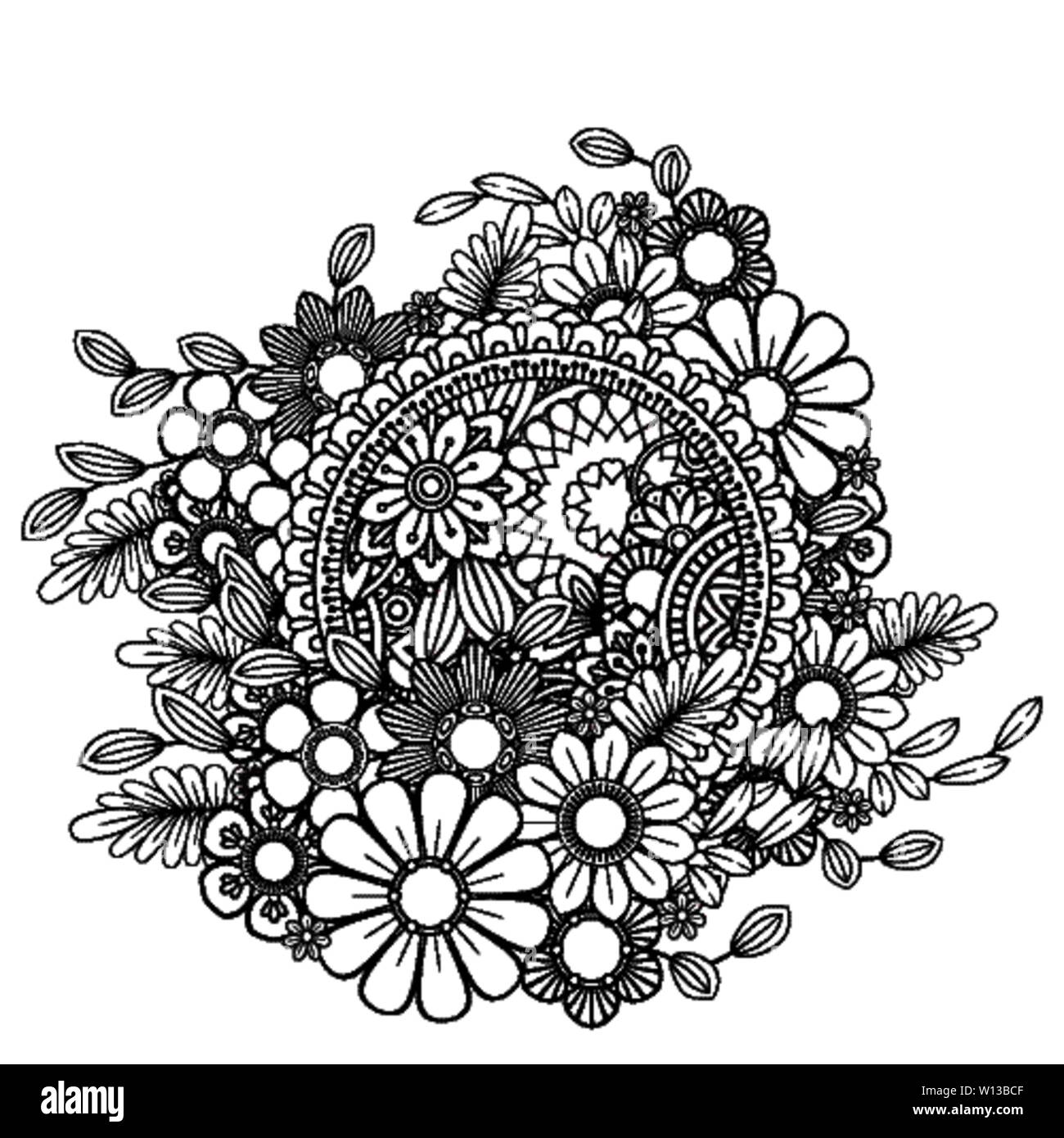 Des profils coloriage avec motif fleurs. Doodle noir et blanc guirlande. Floral mandala. Vector illustration art ligne Bouquet isolé sur fond blanc. Élément de design ronde Illustration de Vecteur Des profils coloriage avec motif fleurs. Doodle noir et blanc guirlande. Floral mandala. Vector illustration art ligne Bouquet isolé sur fond blanc. Élément de design ronde Illustration de Vecteur