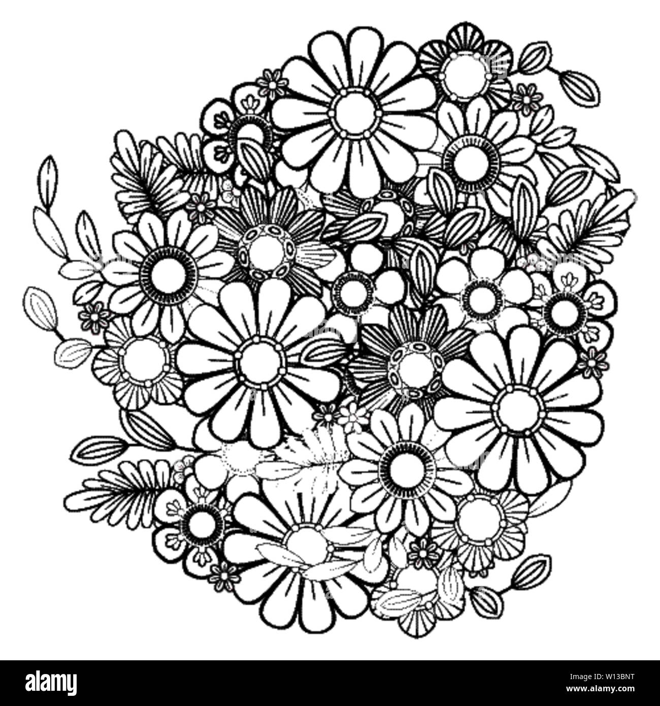 Des profils coloriage avec motif fleurs. Doodle noir et blanc guirlande. Floral mandala. Vector illustration art ligne Bouquet isolé sur fond blanc. Élément de design ronde Illustration de Vecteur