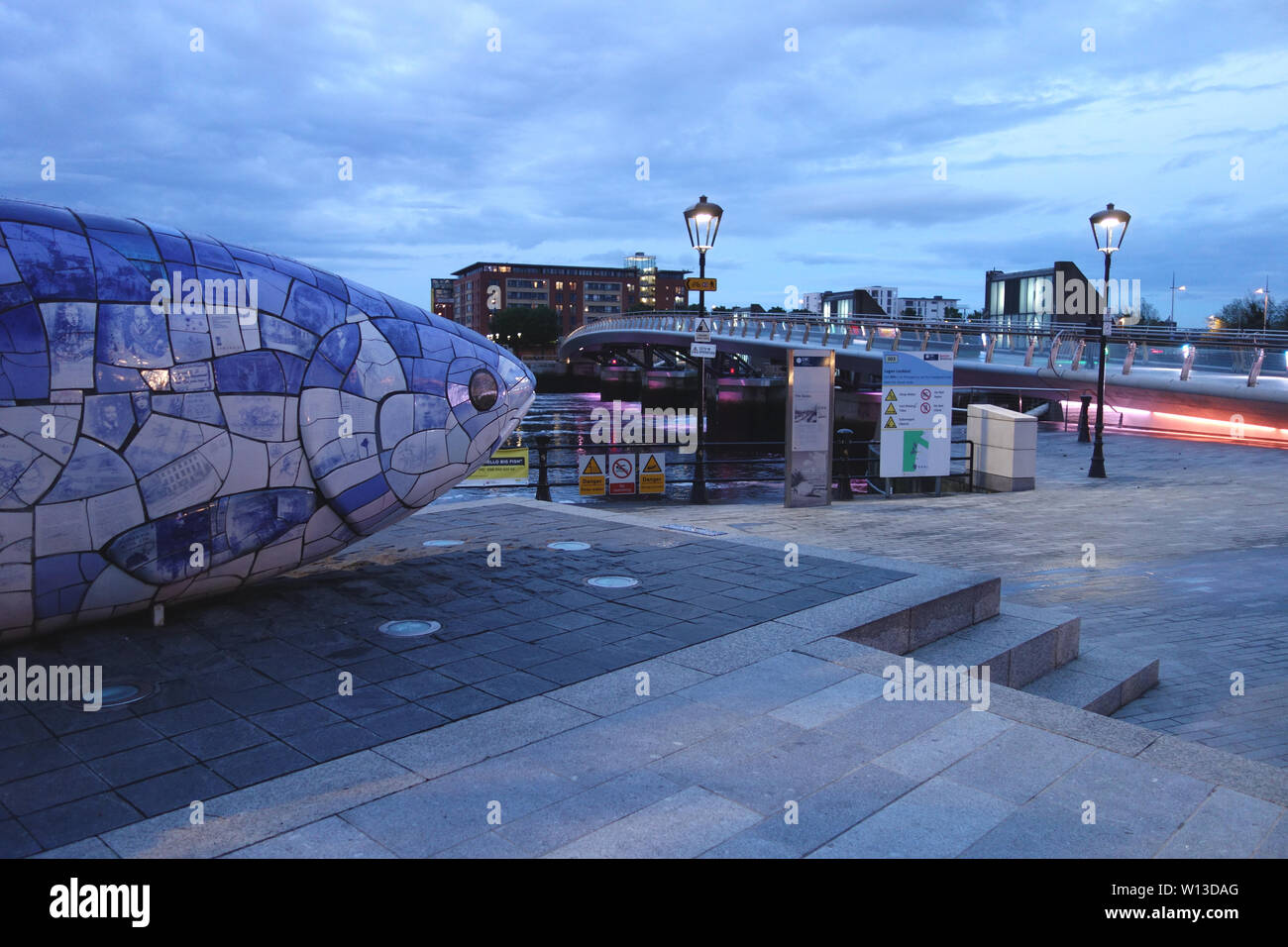 Le gros poisson 'Le saumon de la connaissance" Sculpture par John gentillesse près de la Lagan Weir Pont piétons et les cyclistes, Belfast, Irlande du Nord, Royaume-Uni. Banque D'Images