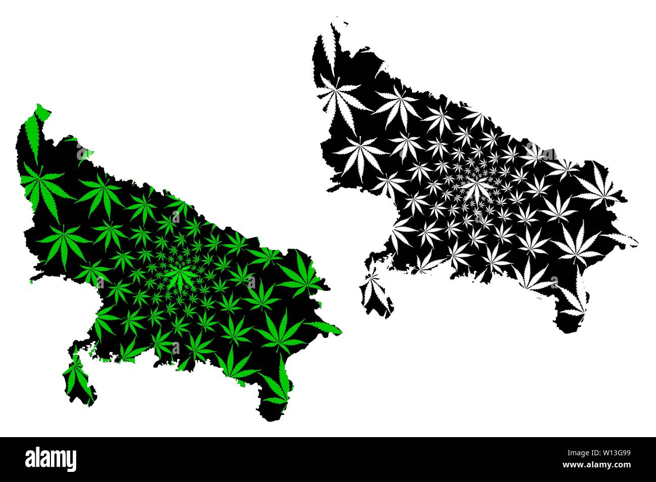 L'Uttar Pradesh (Nord-Ouest de l'Inde, États fédérés, République de l'Inde) la carte est conçue de feuilles de cannabis vert et noir, l'Uttar Pradesh (UP) carte de l'état Illustration de Vecteur