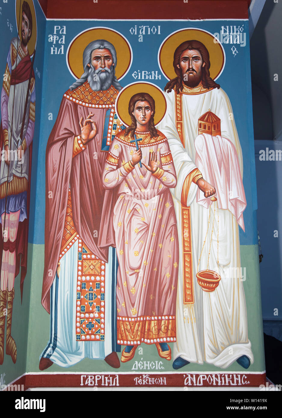 Saints Raphael Nikolaos Eirini frsecoes la décoration des églises de l'intérieur de l'Église orthodoxe chrétienne Banque D'Images