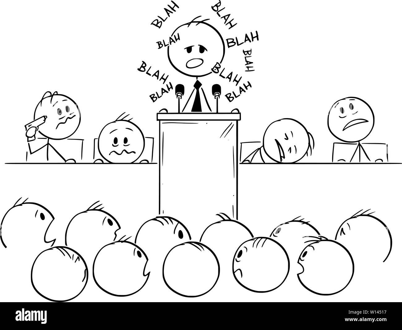 Vector cartoon stick figure dessin illustration conceptuelle de l'homme ou homme politique parler ou avoir ennuyeux discours sur le podium ou derrière le lutrin et disant blah. Illustration de Vecteur