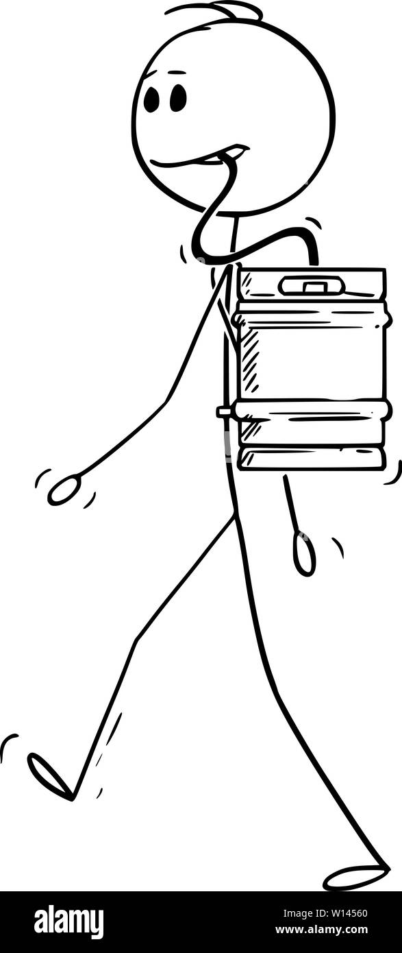 Vector cartoon stick figure dessin illustration conceptuelle de l'homme marchant avec le baril de bière ou fût sur son dos, avec de la paille ou du tube à sa bouche comme rafraîchissement d'été. Illustration de Vecteur
