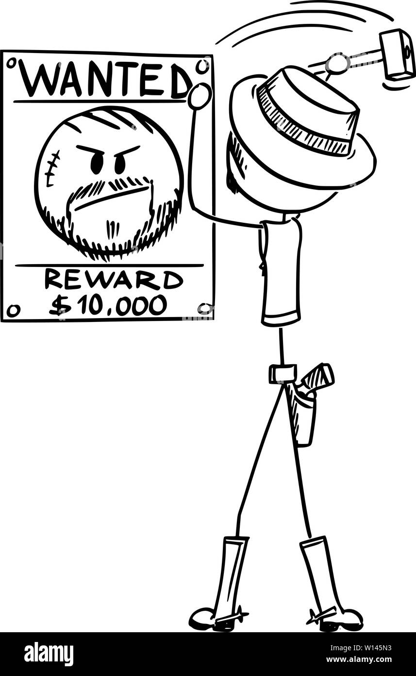 Vector cartoon stick figure dessin illustration conceptuelle de l'ouest ou au shérif criminel de clouage et voulait récompenser l'affiche. Illustration de Vecteur