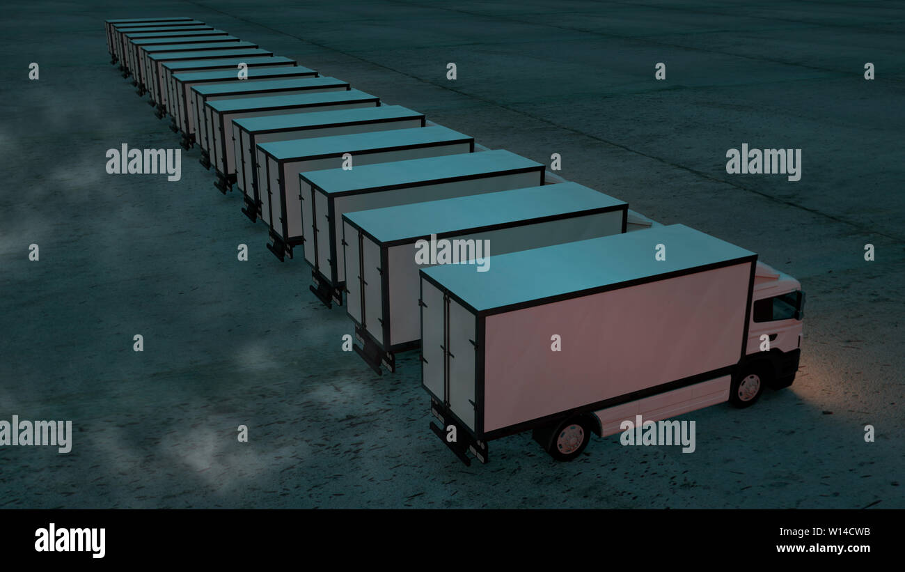 La queue fort Trucks sous un soleil spectaculaire 3d illustration. Banque D'Images